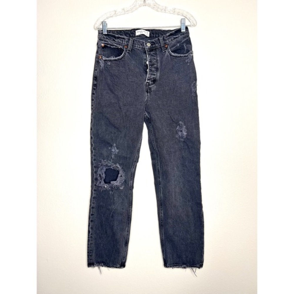 Abercrombie Fitch The Dad High Rise Distressed Black Denim Jeans Size 28